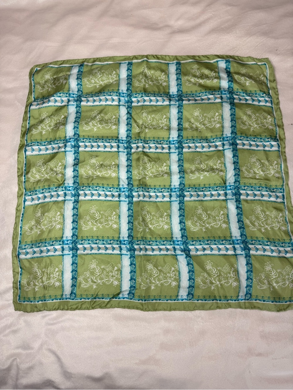Vintage 100% silk Green and Teal Silk Scarf